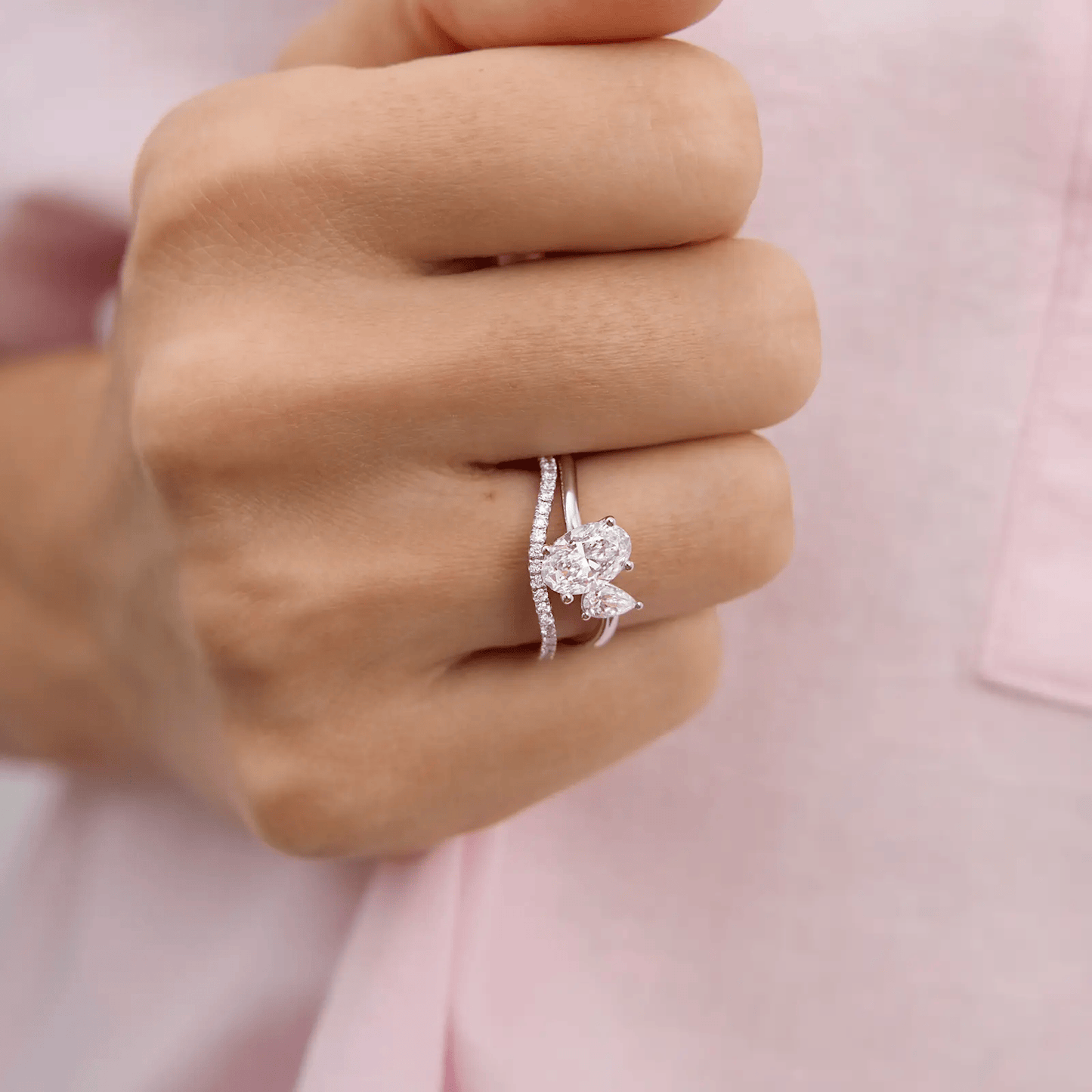 1.10 CT Oval & Pear Cut CVD Diamond Two stone Engagement Ring