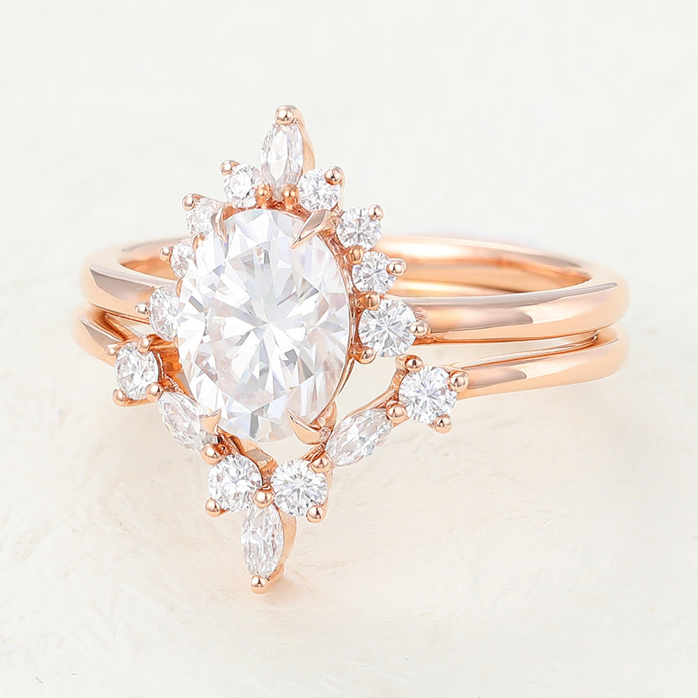 Wesley-1.33 Carats Oval Moissanite Cluster Bridal Ring Set
