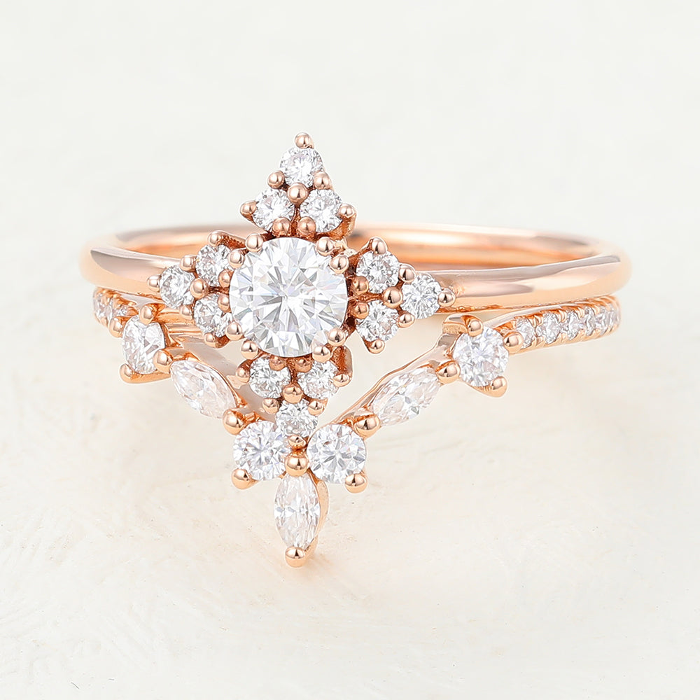 Atticus-0.22 Carats Round Moissanite Cluster Bridal Ring Set