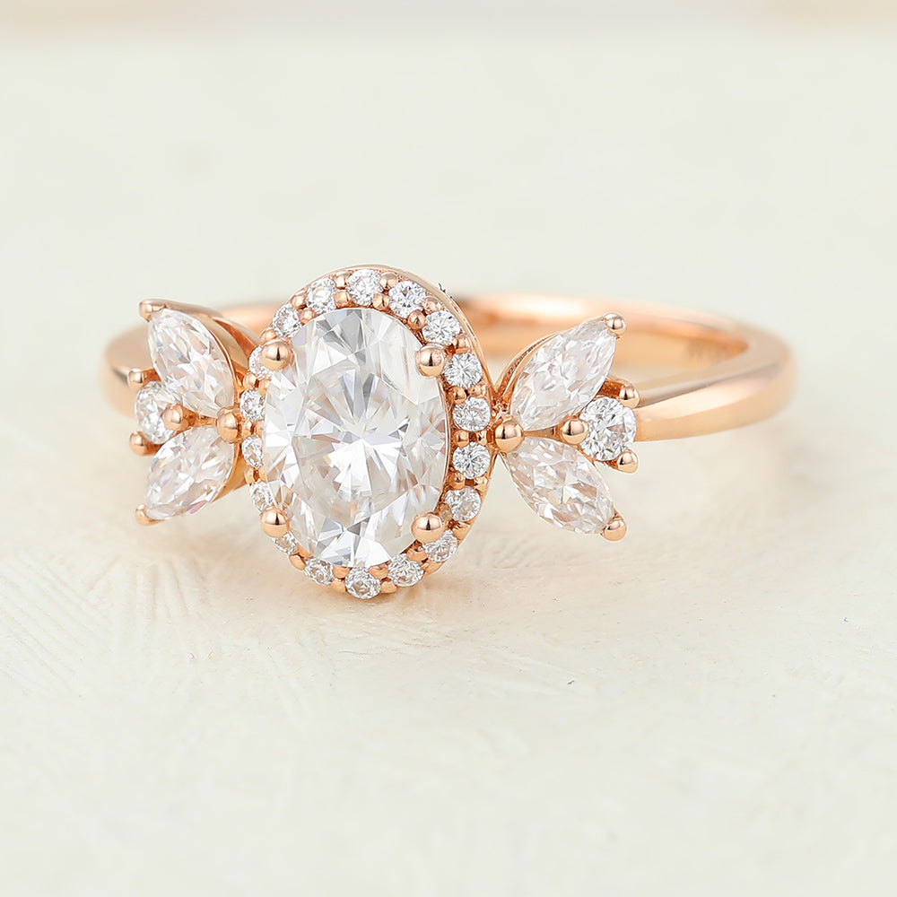 Veronica-0.84 Oval Moissanite Cluster Engagement Ring