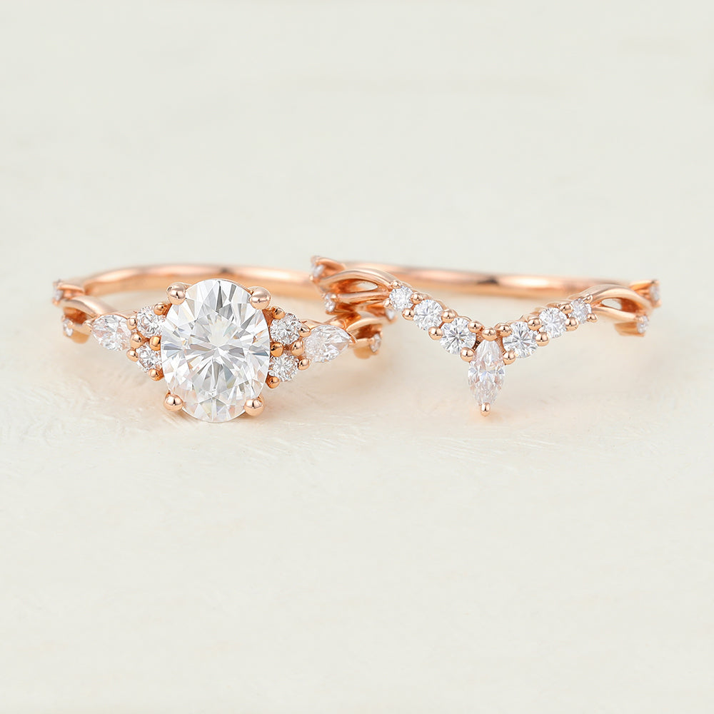Calvin-1.33 Carats Oval Moissanite Cluster Bridal Ring Set
