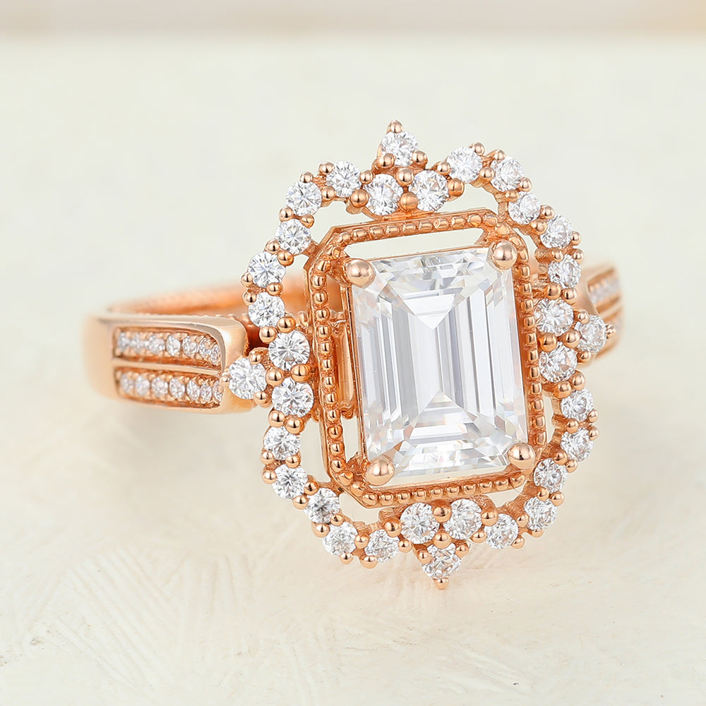 Raegan-1.60 Carats Emerald Moissanite Halo & Pave Engagement Ring