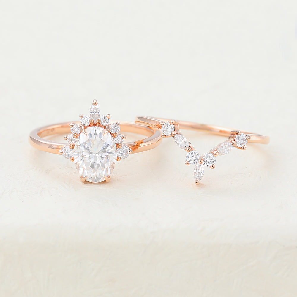 Wesley-1.33 Carats Oval Moissanite Cluster Bridal Ring Set