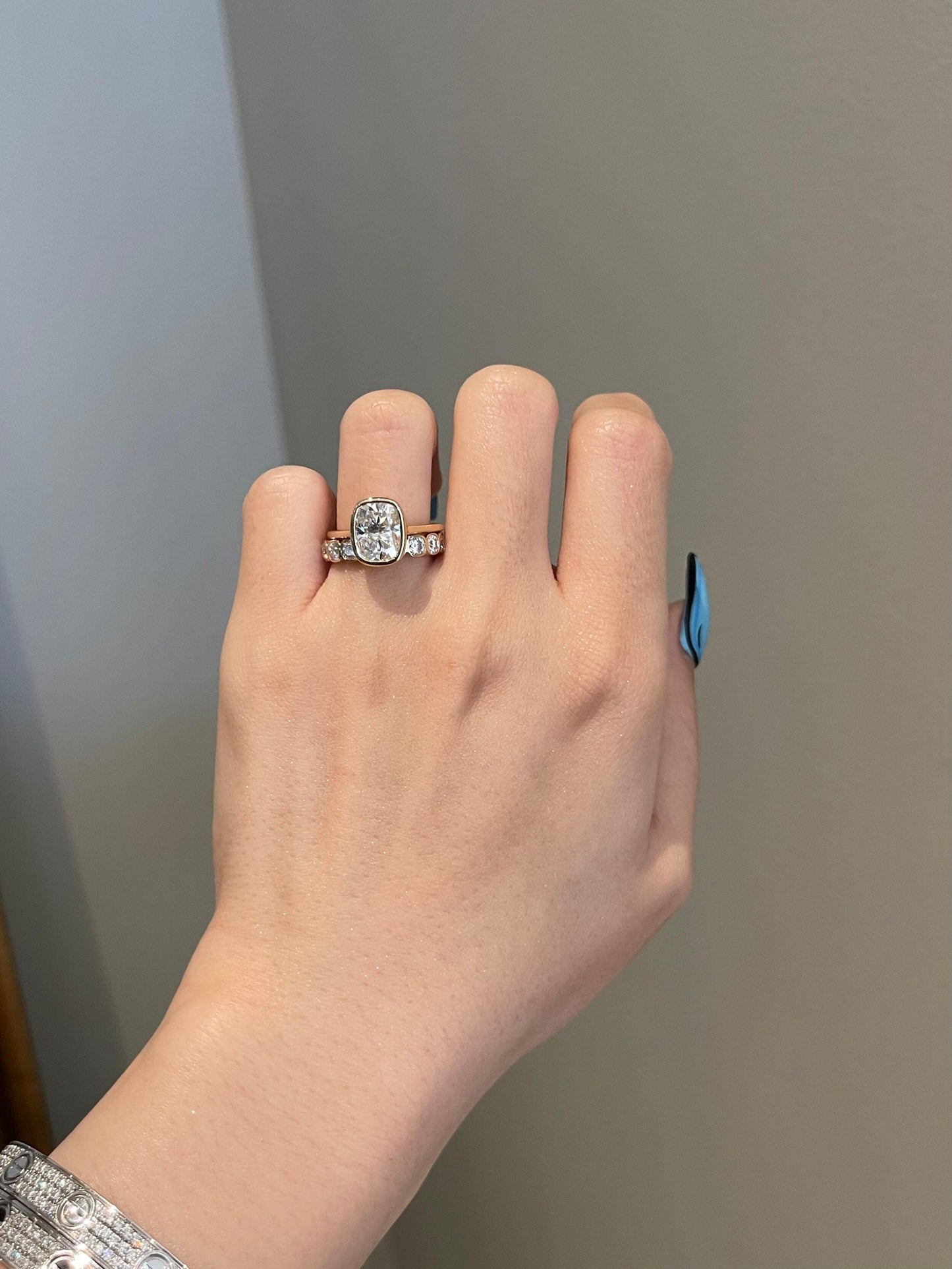 Hunter-0.9 TCW Cushion  Moissanite Bezel  Wedding Band