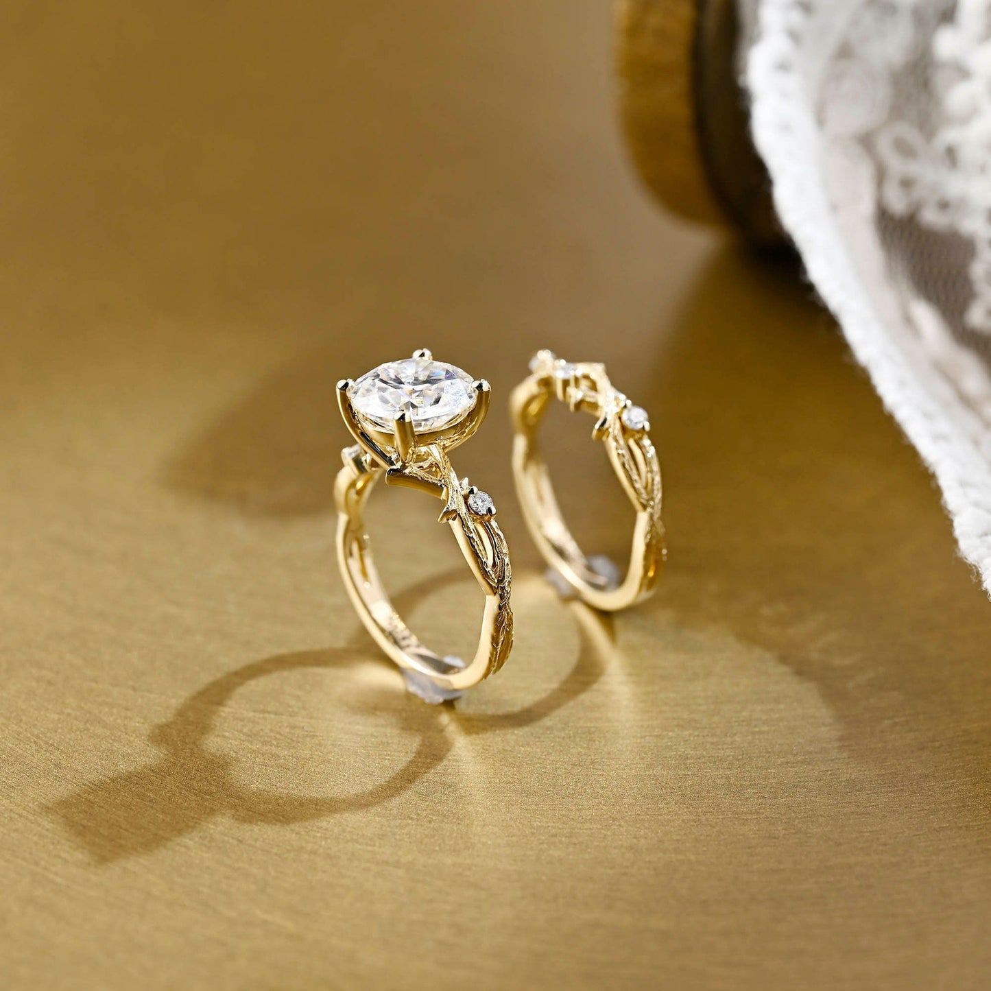 Leo-2.5 Carats Round Moissanite Twig Setting Bridal Ring Set