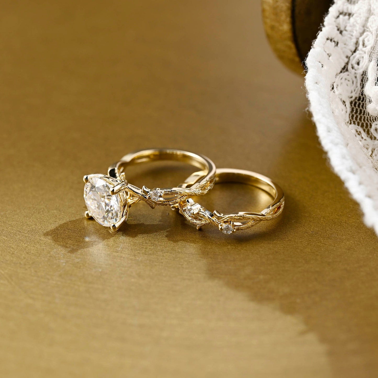 Leo-2.5 Carats Round Moissanite Twig Setting Bridal Ring Set