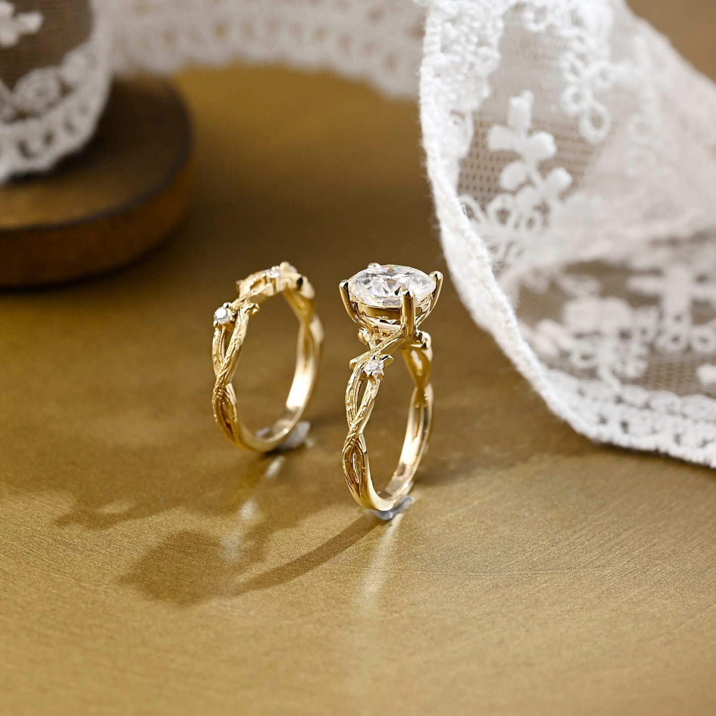 Leo-2.5 Carats Round Moissanite Twig Setting Bridal Ring Set