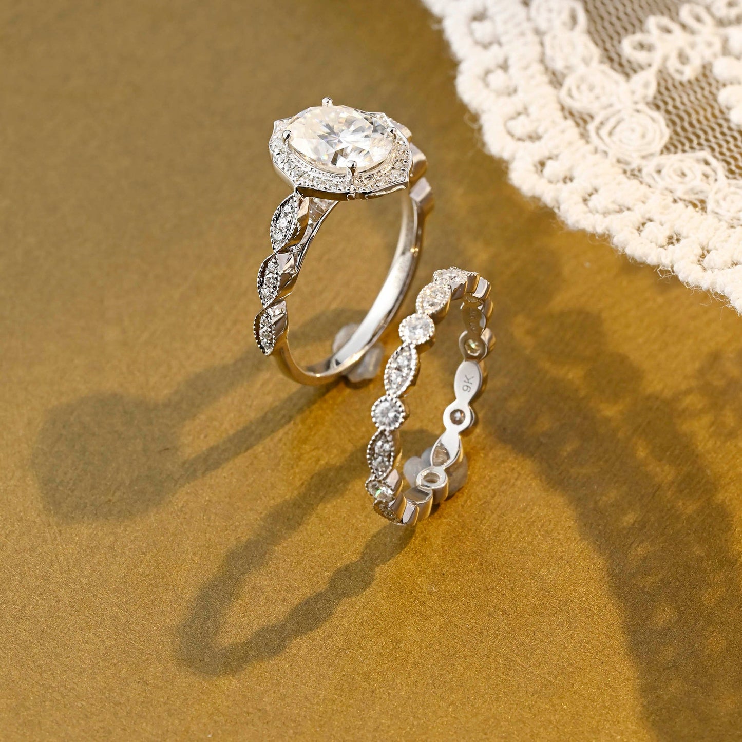 Tessa-2.0 Carats Oval Moissanite Vintage Bridal Ring Set