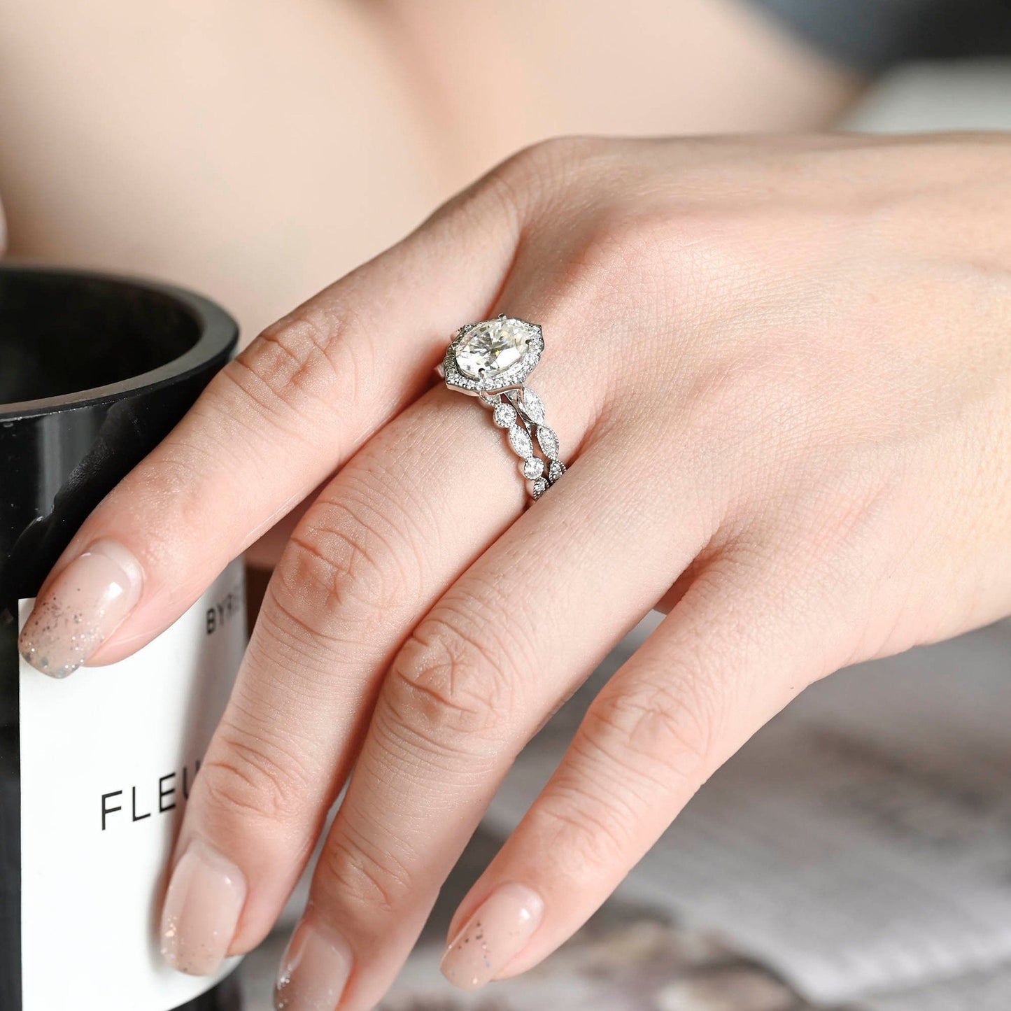 Tessa-2.0 Carats Oval Moissanite Vintage Bridal Ring Set
