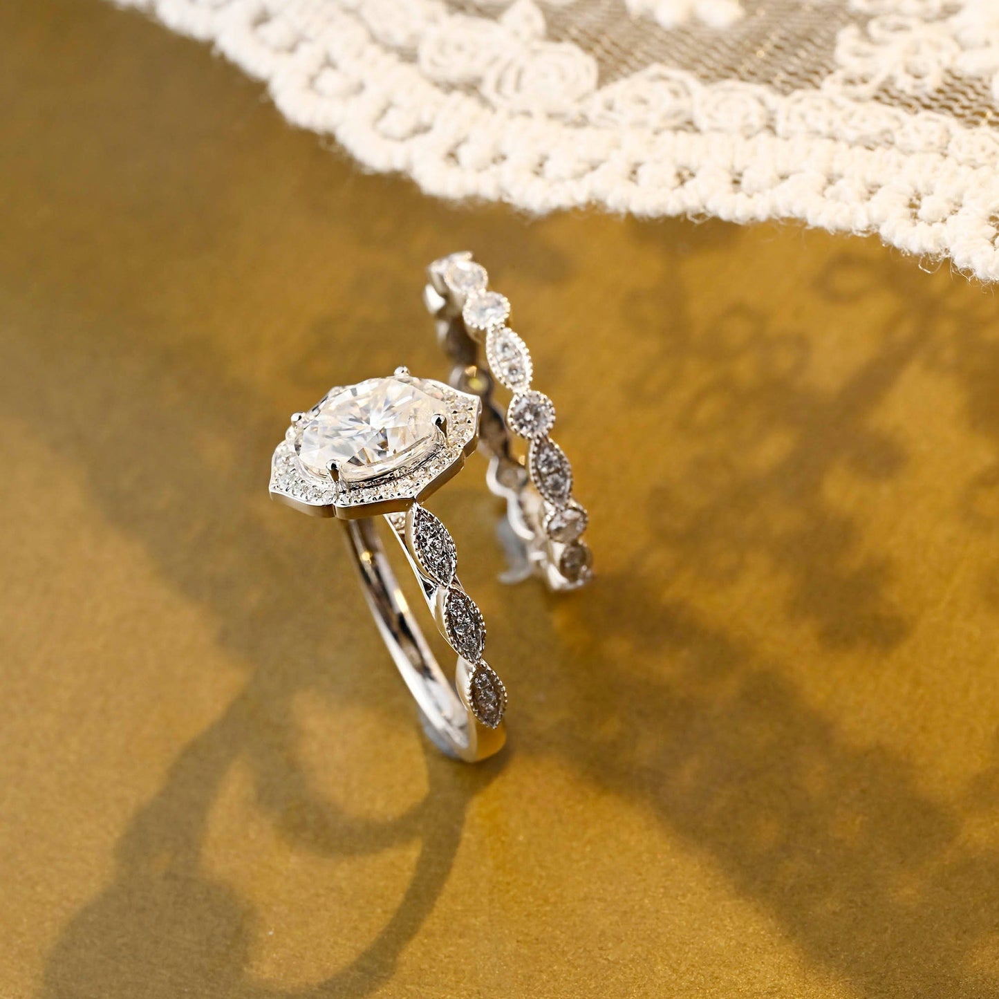 Tessa-2.0 Carats Oval Moissanite Vintage Bridal Ring Set