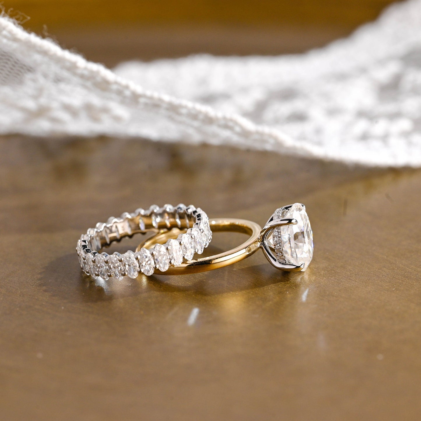Barrett-2.0 Carats Oval Moissanite Hidden Halo Bridal Ring Set