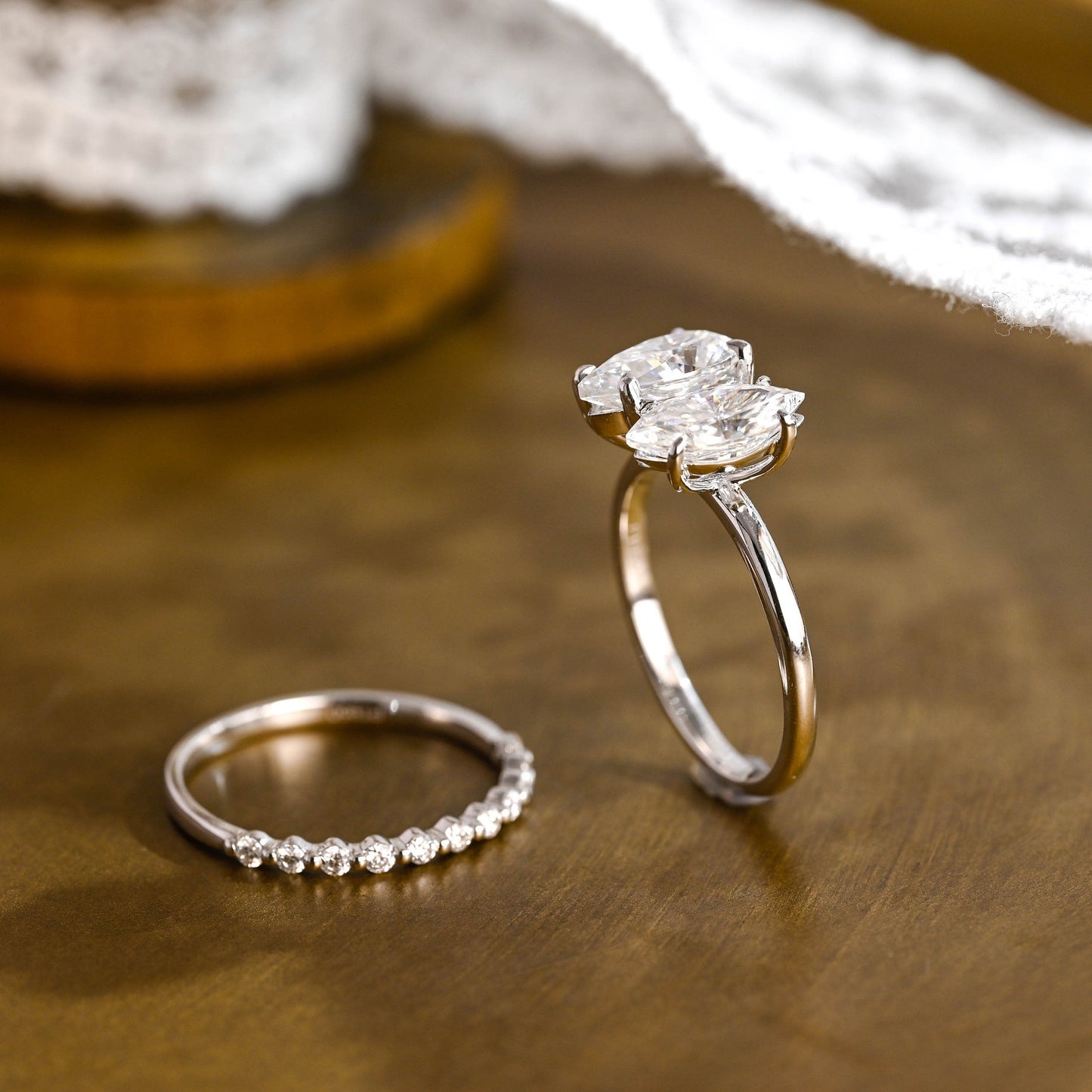 Maeve-4.5 Carats Pear & Marquise Moissanite Two Stone Style Bridal Ring Set