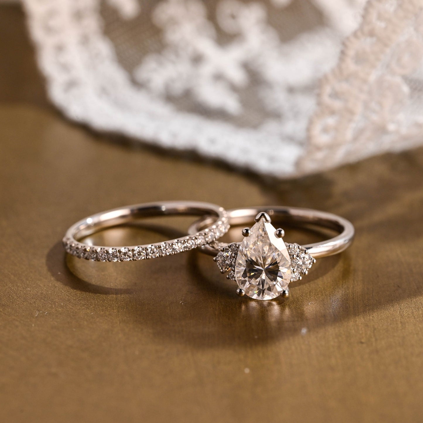 Rose-1.5 Carats Pear Moissanite Cluster Bridal Ring Set