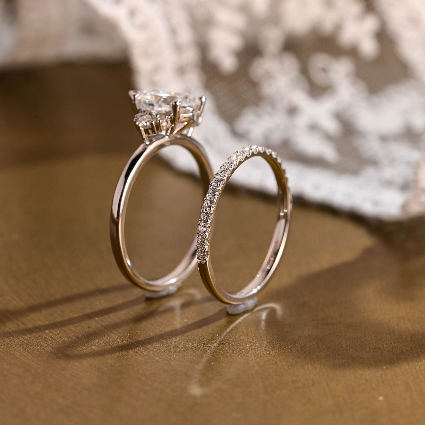 Rose-1.5 Carats Pear Moissanite Cluster Bridal Ring Set