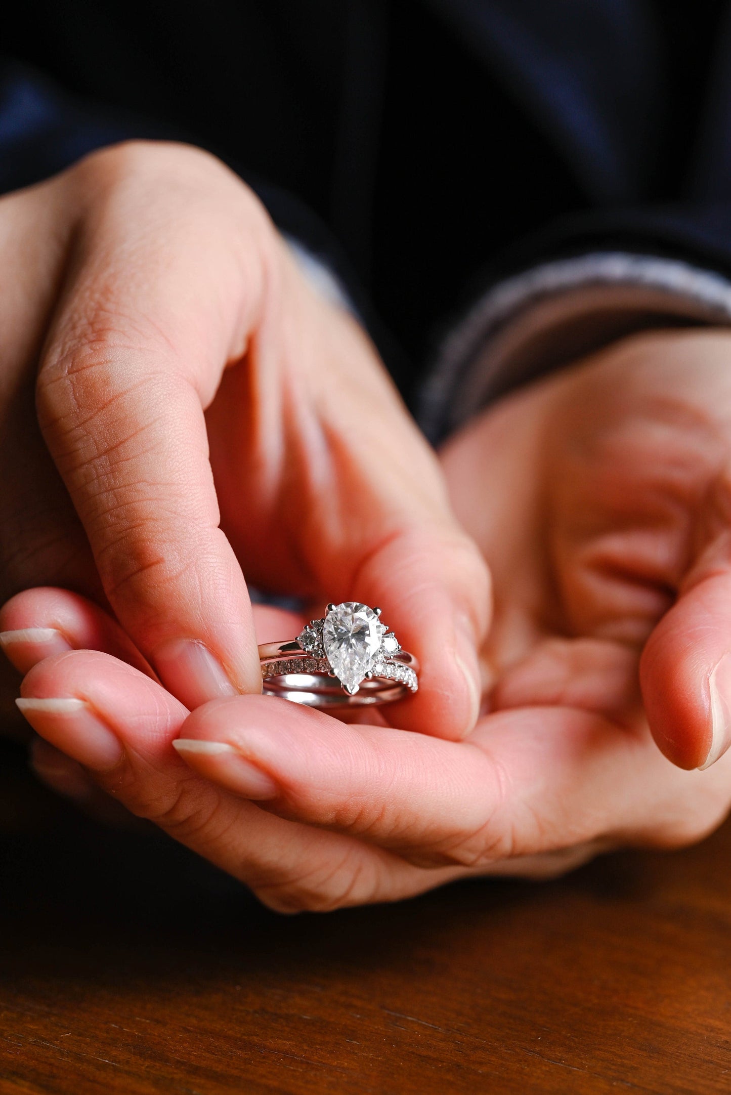 Rose-1.5 Carats Pear Moissanite Cluster Bridal Ring Set