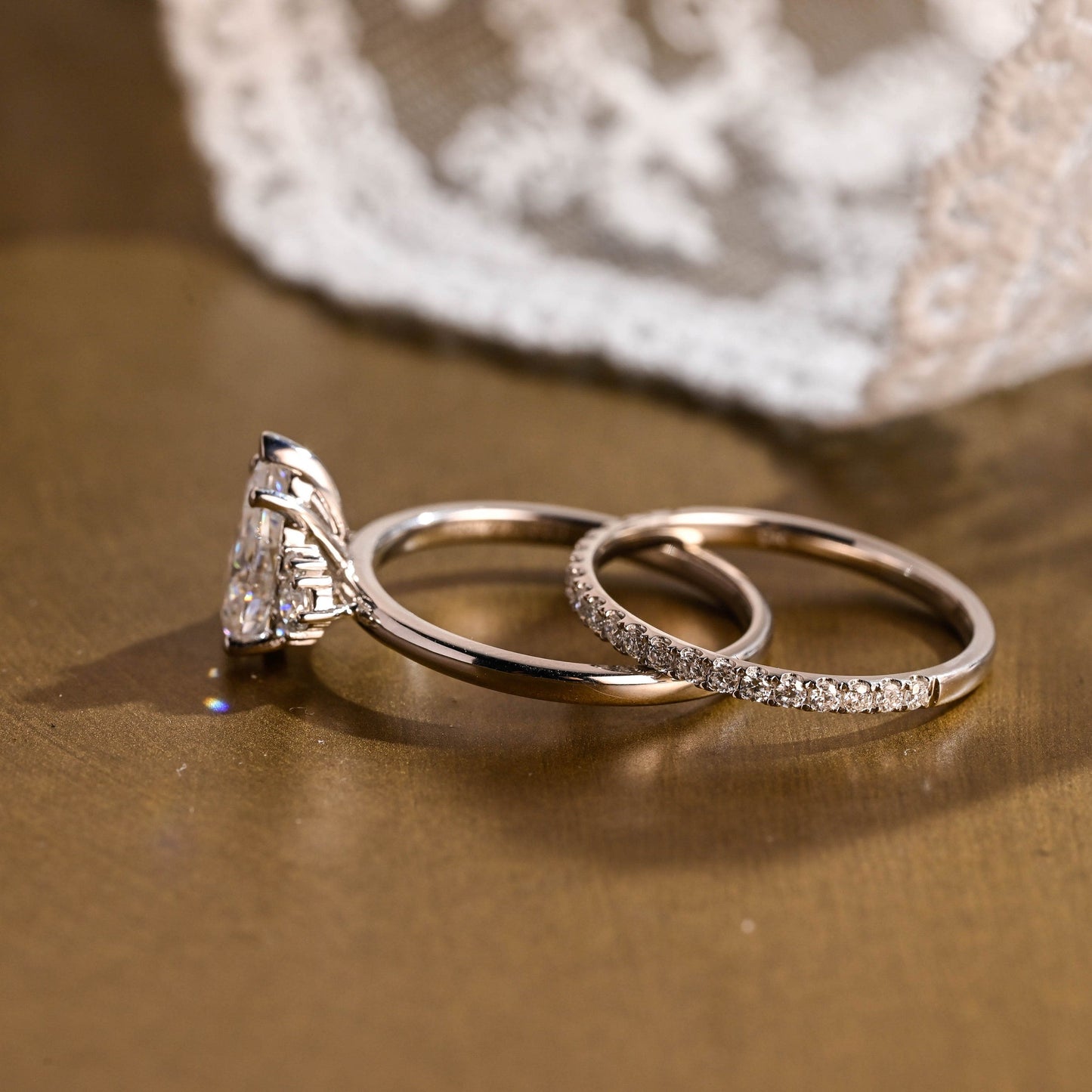 Rose-1.5 Carats Pear Moissanite Cluster Bridal Ring Set