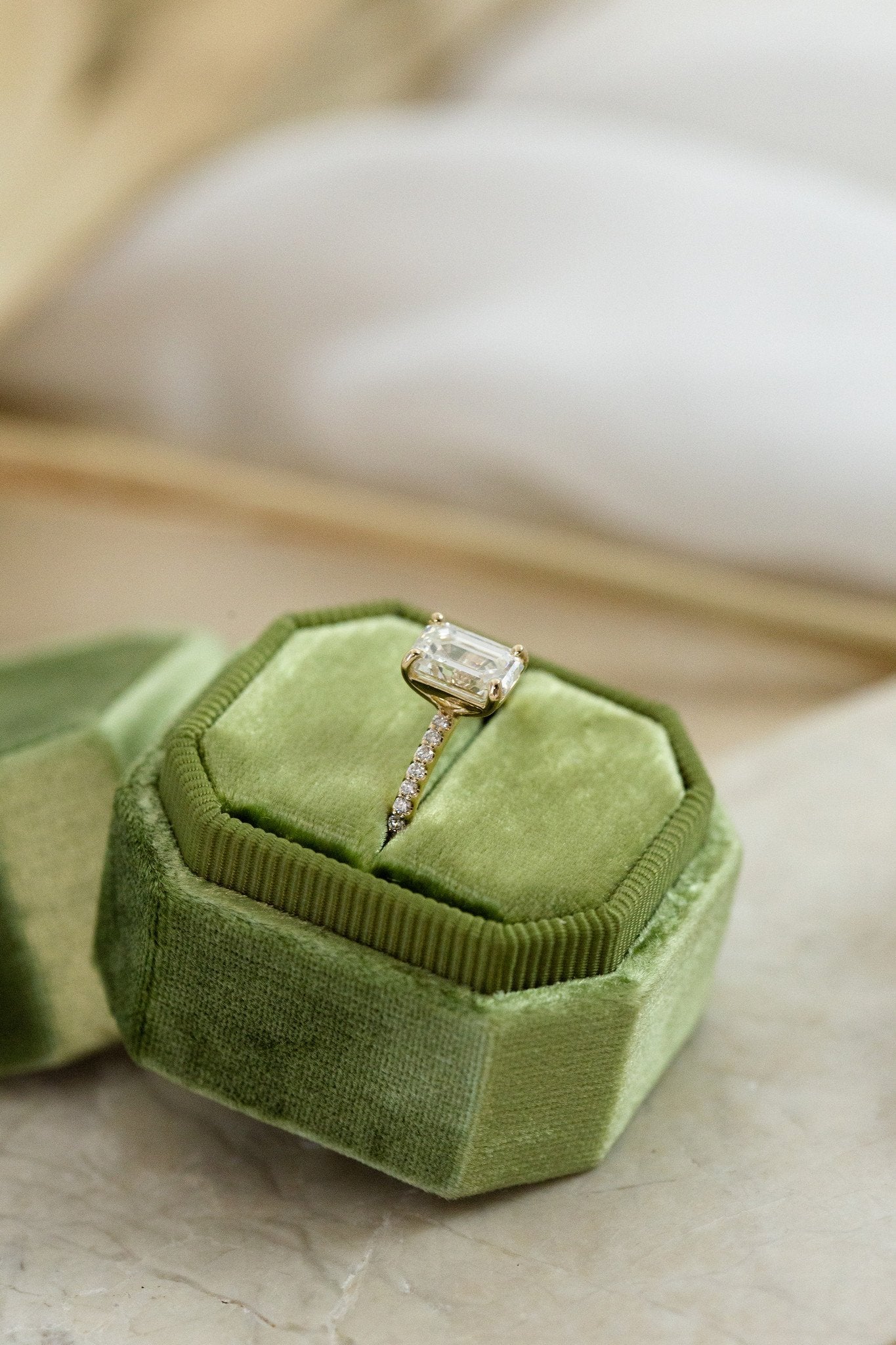 1.00 CT Carats Emerald Cut Moissanite diamond Pave Style Engagement Ring