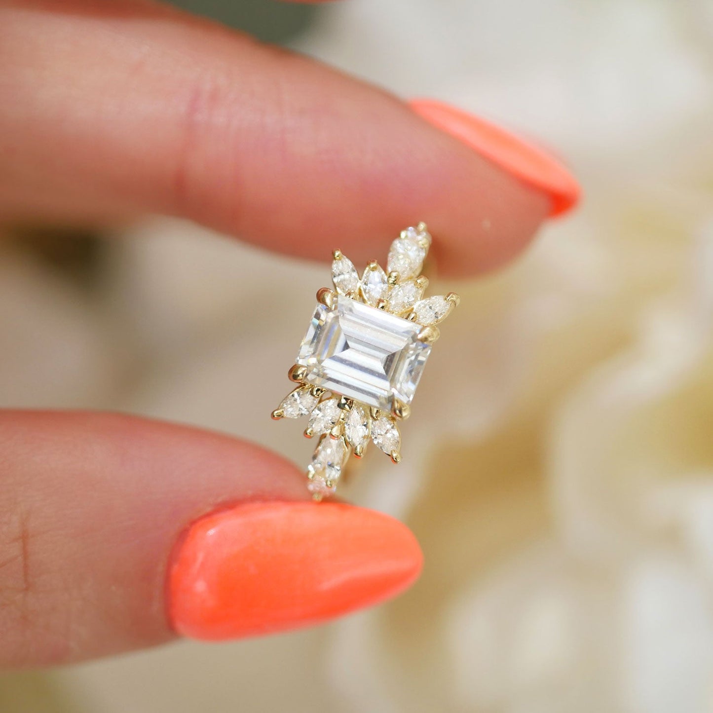 1.5 CT Emerald Shape CVD Diamond Cluster Engagement Ring