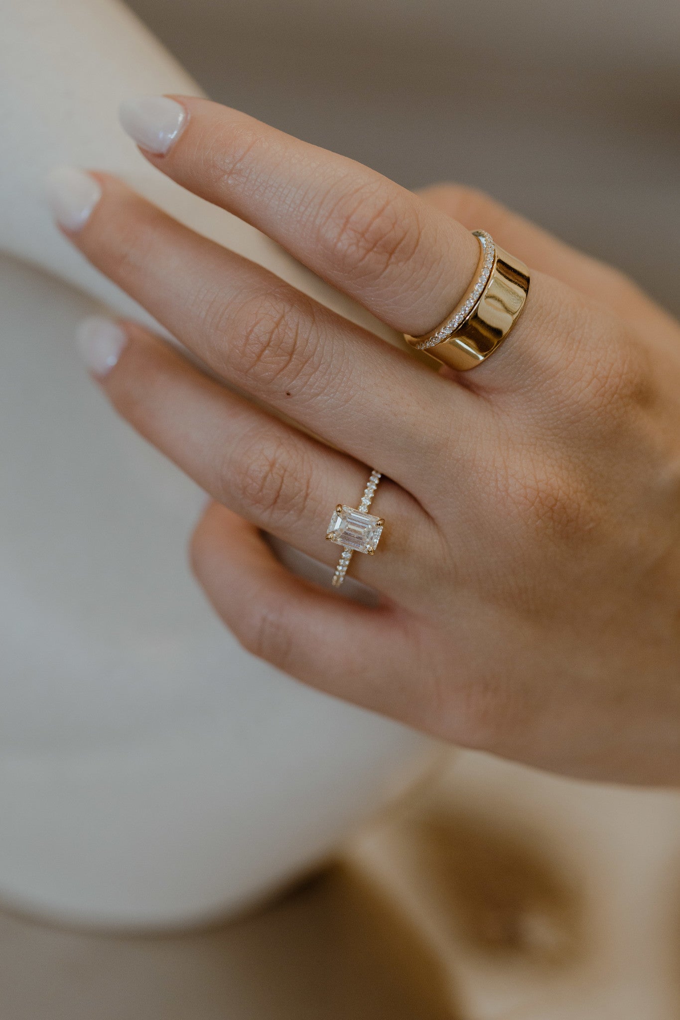 1.00 CT Carats Emerald Cut Moissanite diamond Pave Style Engagement Ring