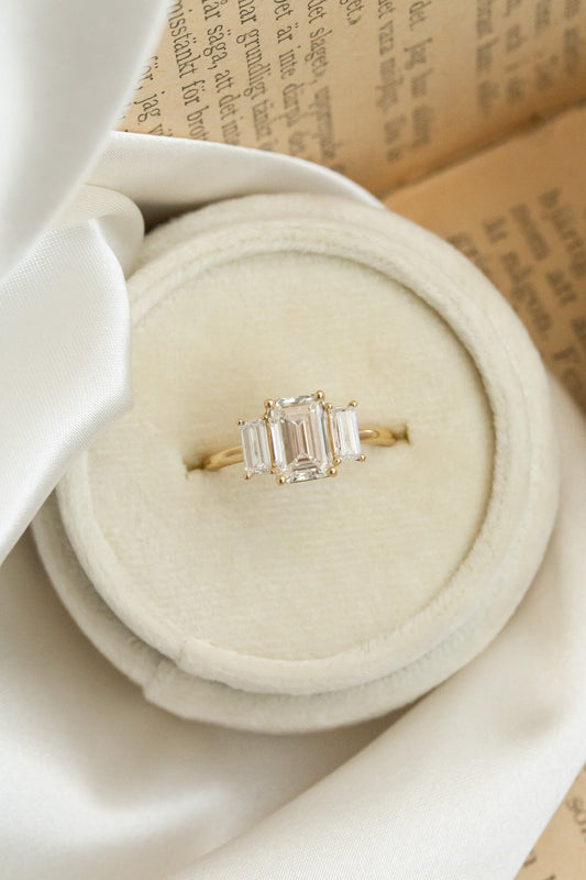 1.5 CT Carats Emerald Cut Moissanite diamond Three Stone Style Engagement Ring