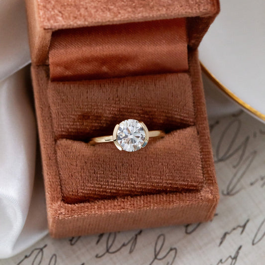 1.0 - 2.0 CT Carats Round Cut Moissanite diamond Half Bezel Solitaire Style Engagement Ring