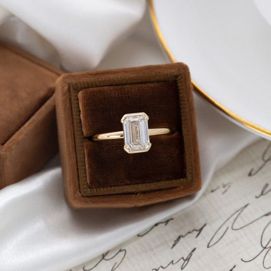 1.0 - 2.0 CT Carats Emerald Cut Moissanite diamond Half Bezel Solitaire Style Engagement Ring