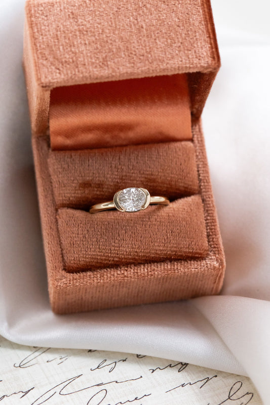 1.00 CT Carats east/west Oval Cut Moissanite diamond Half Bezel Solitaire Style Engagement Ring