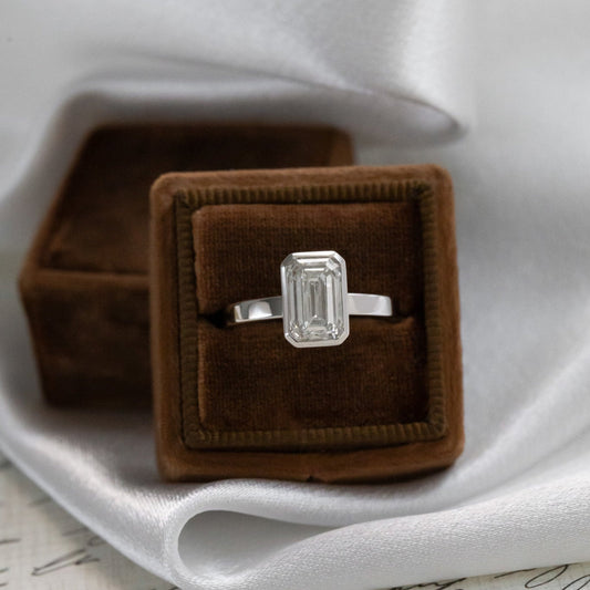 1.0 - 2.50 CT Carats Emerald Cut Moissanite diamond Bezel Solitaire Style Engagement Ring